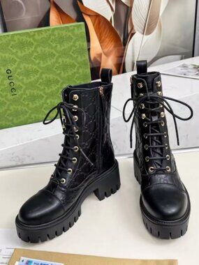 Gucci Black Leather Lug Sole Moto Boots